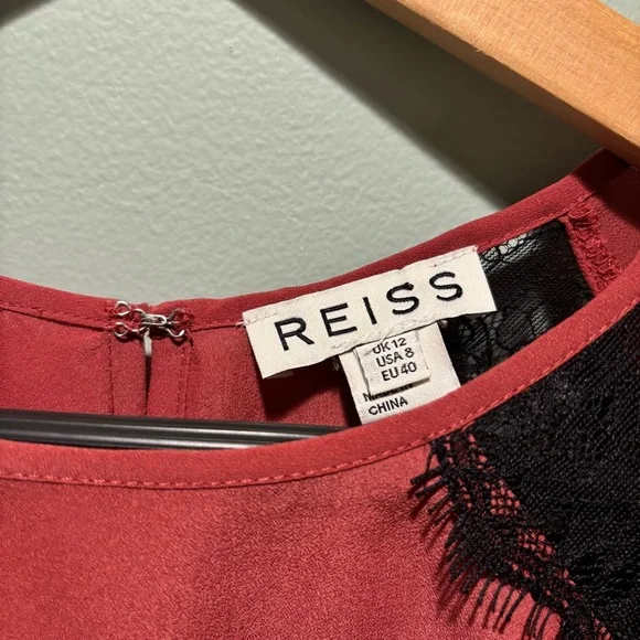 Reiss Lace Inset Rust Ariel Top sz 8 Satin Feminine Fall Office Dainty Raglan - Picture 4 of 9